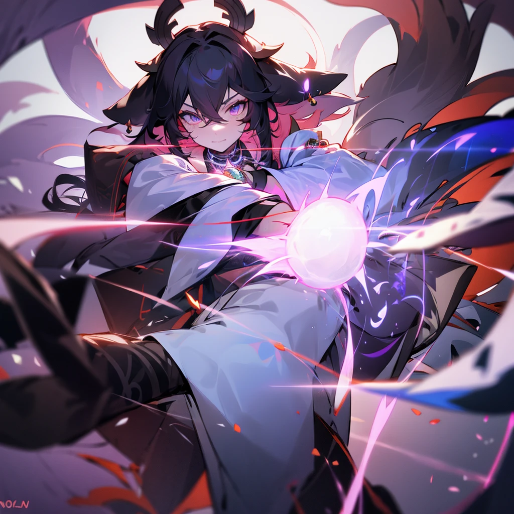 1 girl, detached sleeves, neckleace, multicolored hair, black hair long, animal ears, multiple tails, trunk, lindo rosto, perfectbody, glare eyes, work of art, best qualityer, focus on details, use ice or electricity, warrior or magician