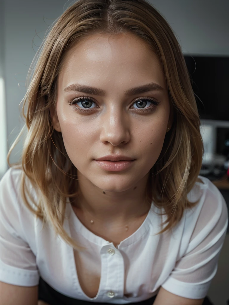blonde woman, (wearing a white shirt with a black mini skirt:1.2), sitting on the office table, beautiful detailed eyes, beautiful detailed lips, extremely detailed eyes and face, long eyelashes, (best quality,4k,8k,highres,masterpiece:1.2),ultra-detailed,(realistic,photorealistic,photo-realistic:1.37),professional, studio lighting, sharp focus, vivid colors, bokeh