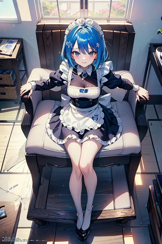 masterpiece, best quality, full body, (1girl), blue hair, Maid Dress, (Boy Messy Japanese Round Haircut for Thick Hair), (blue hair), black shorts, ((solo)), (magazine:1.3), (cover-style:1.3), fashionable, spoken heart, heart_hands, light smile, looking at viewer, 
very aesthetic, absurdres, rating: general, newest, anime coloring, anime screencap, megami magazine,