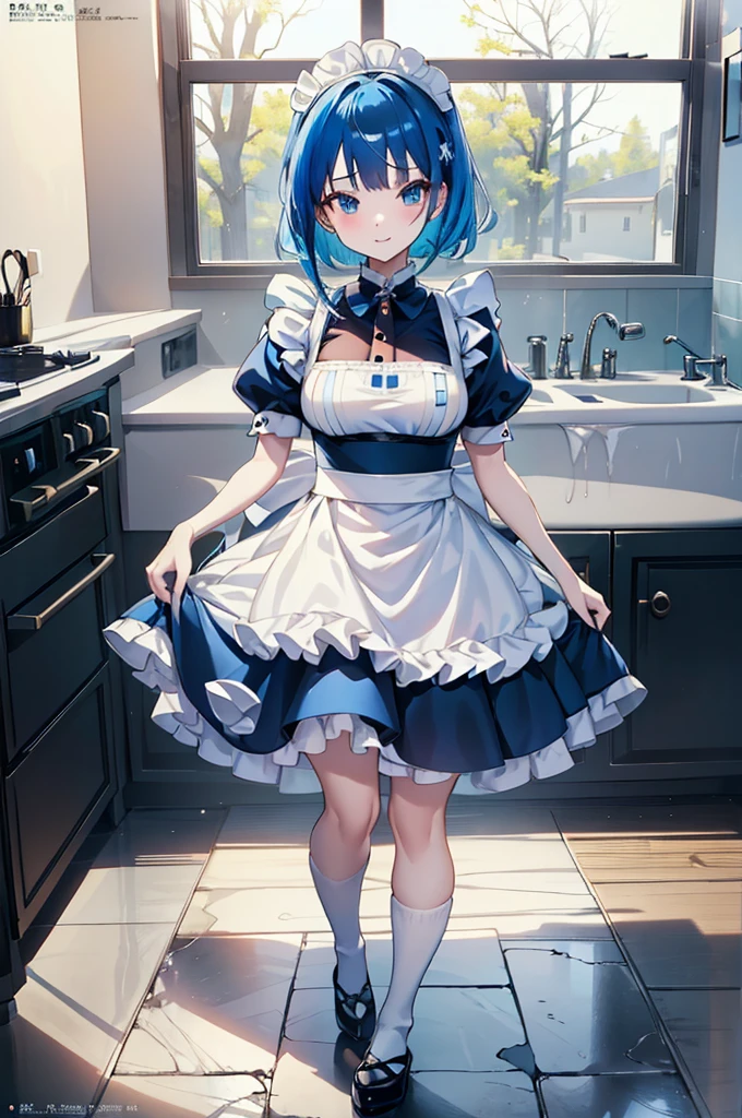 masterpiece, best quality, full body, (1girl), blue hair, Maid Dress, (Boy Messy Japanese Round Haircut for Thick Hair), (blue hair), black shorts, ((solo)), (magazine:1.3), (cover-style:1.3), fashionable, spoken heart, heart_hands, light smile, looking at viewer, 
very aesthetic, absurdres, rating: general, newest, anime coloring, anime screencap, megami magazine,