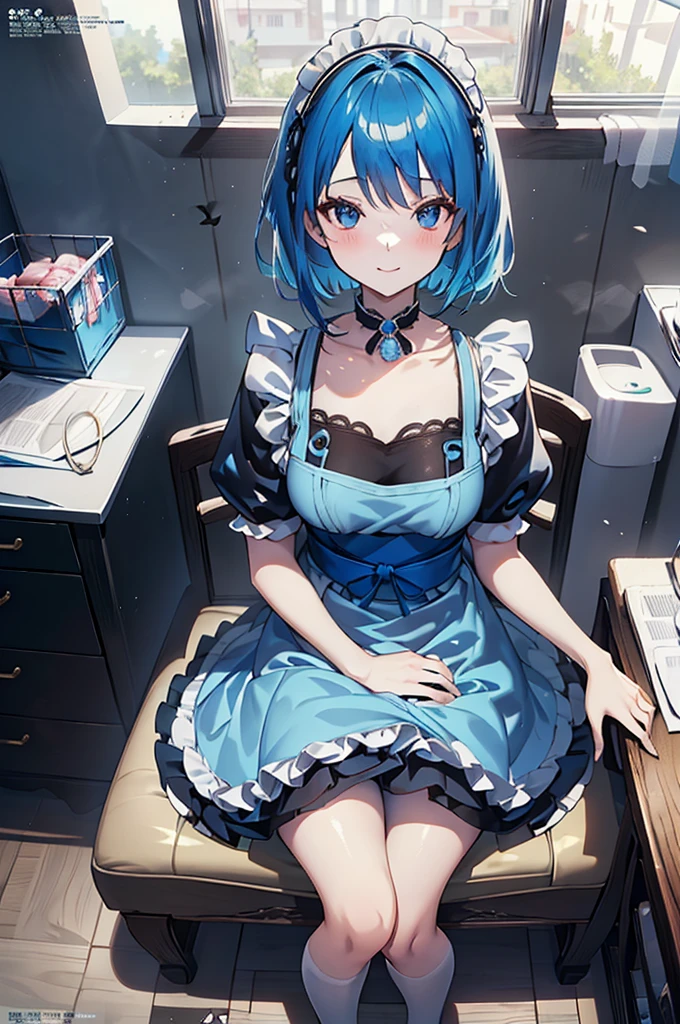 masterpiece, best quality, full body, (1girl), blue hair, Maid Dress, (Boy Messy Japanese Round Haircut for Thick Hair), (blue hair), black shorts, ((solo)), (magazine:1.3), (cover-style:1.3), fashionable, spoken heart, heart_hands, light smile, looking at viewer, 
very aesthetic, absurdres, rating: general, newest, anime coloring, anime screencap, megami magazine,