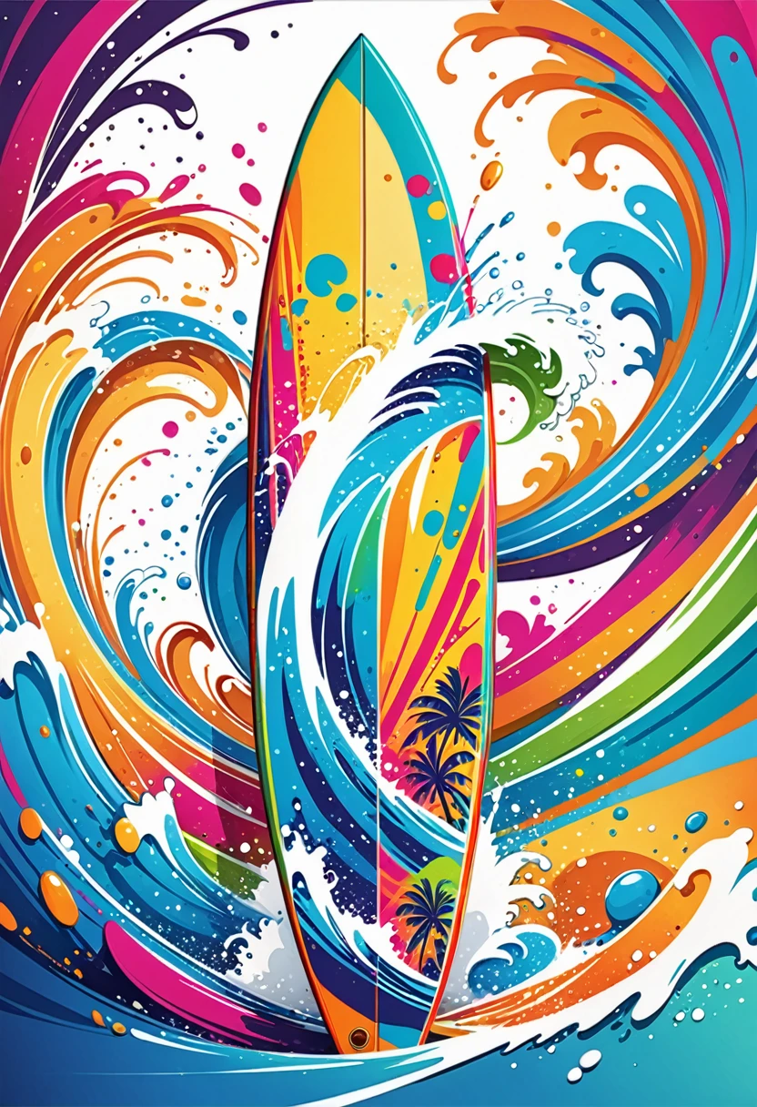 vectorial art, Colorful illustration with a surfboard, At the center, swirly vibrant colors, paint splashes and smears, high détail,Hawaiian style background