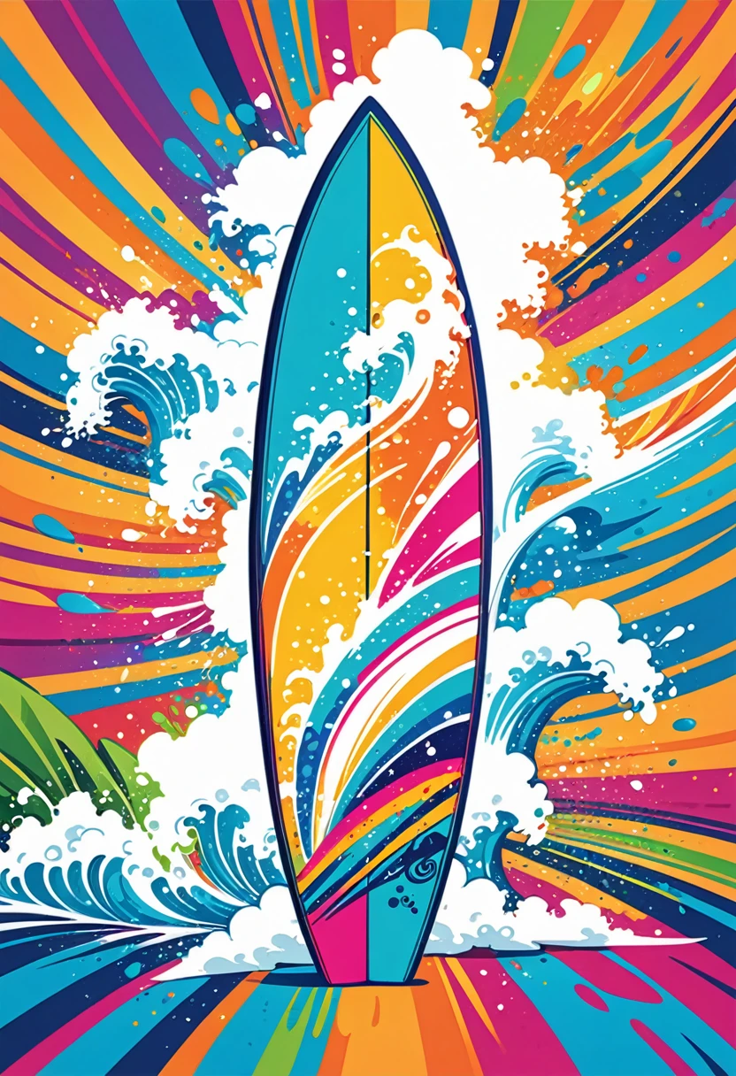vectorial art, Colorful illustration with a surfboard, At the center, swirly vibrant colors, paint splashes and smears, high détail,Hawaiian style background