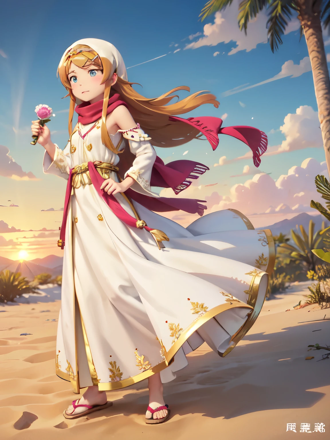 (masterpiece, Highest quality:1.1), (Desert Princess), kirino kousaka, 1 Girl, alone, Gold embroidery, Kaftans,Turbaned, scarf, jewelry, Circlet, 額のjewelry, Elegant robes, satin, Veil, gem, tiara, Arabian Style, Desert Landscape, carpet, Hair blowing in the wind, Shining, Sunset, oasis, silk, Sparkling Eyes, Sand Dunes