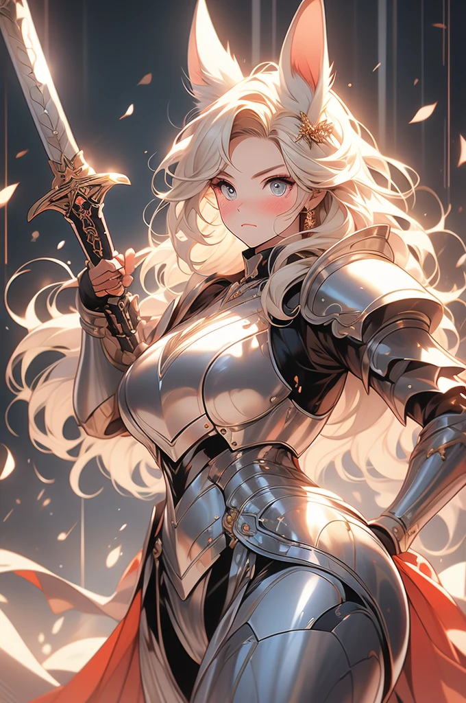 heroine, plump, voluptuous, bunny ears, blonde hair, fierce eyes, plate armor, sword, fierce pose, striking pose, combat, blush
