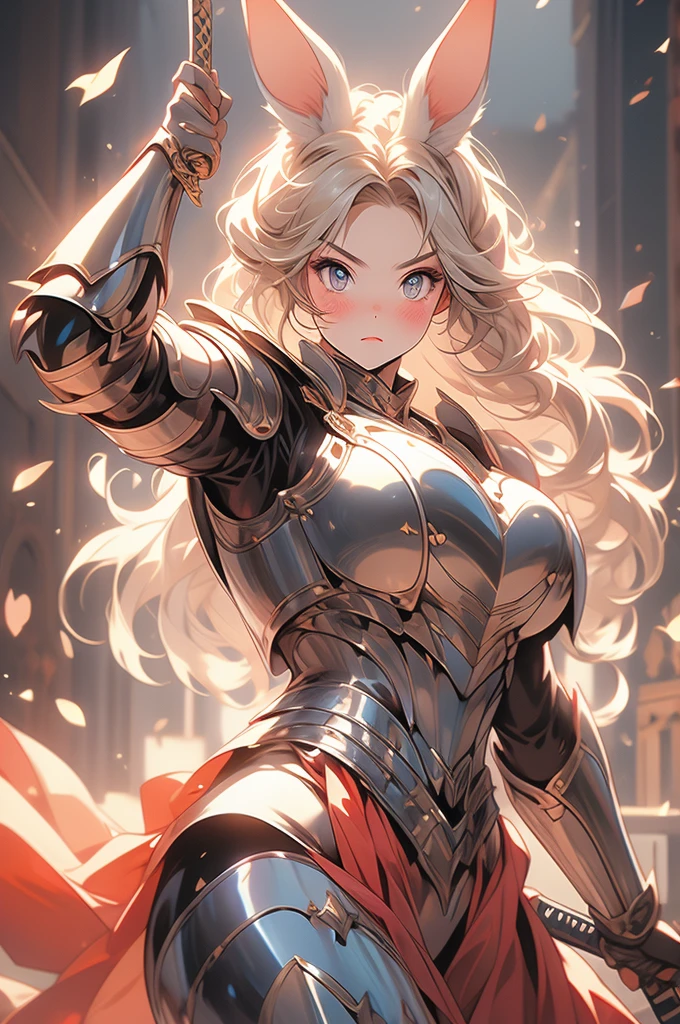 heroine, plump, voluptuous, bunny ears, blonde hair, fierce eyes, plate armor, sword, fierce pose, striking pose, combat, blush