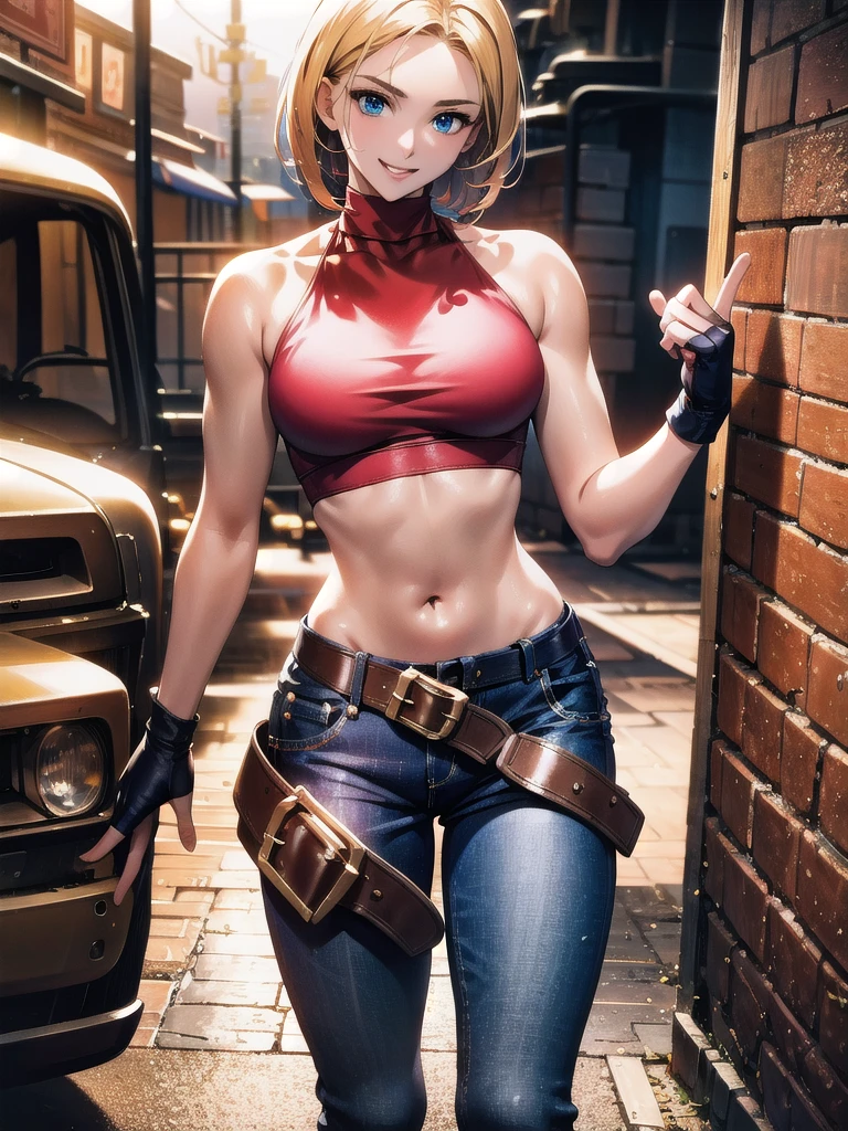 30 year old woman, alone, athletic, by the semi-cut ruby, she is wearing a tight red crop top, he wears blue jogger pants, has two belts, one small and the other a large belt hanging from his brown waist., wears blue fingerless gloves , he wears brown boots, smile at the viewer, points at the viewer, There is a little brown dog with white spots with her, high resolution, absurd, intricate, sharp focus, a New York alley in the background, Best Quality, Masterpiece, high resolution, Perfect picture, Very detailed, High contrast, Digital colors, simple, medium shot, cinematographic, ultra sharp focus, award-winning photography, perFect contrast, high sharpness, depth of field, ultra detailed photography, global illumination, fluid, ultra high definition, 8k, unreal engine 5, ultra-sharp focus, award-winning photography, Art Season Trends,