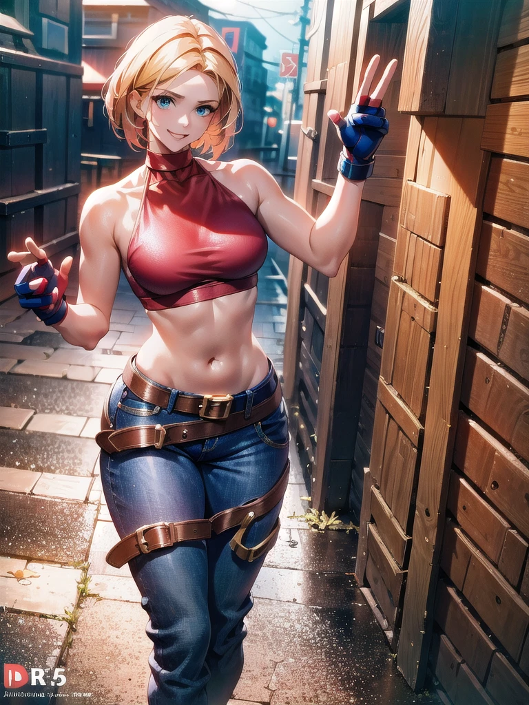 30 year old woman, alone, athletic, by the semi-cut ruby, she is wearing a tight red crop top, he wears blue jogger pants, has two belts, one small and the other a large belt hanging from his brown waist., wears blue fingerless gloves , he wears brown boots, smile at the viewer, points at the viewer, There is a little brown dog with white spots with her, high resolution, absurd, intricate, sharp focus, a New York alley in the background, Best Quality, Masterpiece, high resolution, Perfect picture, Very detailed, High contrast, Digital colors, simple, medium shot, cinematographic, ultra sharp focus, award-winning photography, perFect contrast, high sharpness, depth of field, ultra detailed photography, global illumination, fluid, ultra high definition, 8k, unreal engine 5, ultra-sharp focus, award-winning photography, Art Season Trends,