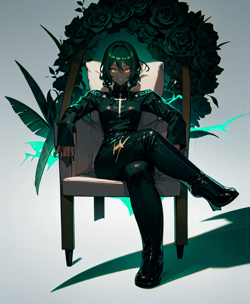 Sitting, cross-legged, sofa,black skin, anime woman, happy, glowing dark green eyes, glowing dark green tattoos, glowing dark green messy curly hair, wearing a black dress, black roses in hair, full body, ((Leg Crossing ))