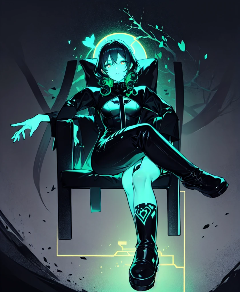 Sitting, cross-legged, sofa,black skin, anime woman, happy, glowing dark green eyes, glowing dark green tattoos, glowing dark green messy curly hair, wearing a black dress, black roses in hair, full body, ((Leg Crossing ))