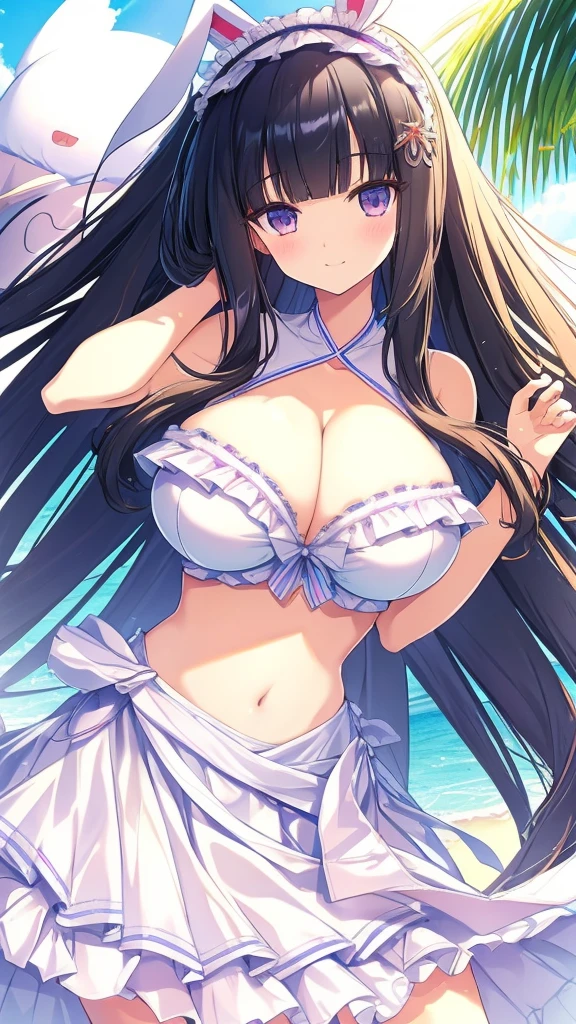 best quality, extremely detailed, anime style 2girl,yuri,1st girl long hair down to the waist, straight hair, dark black hair with bluish,beautiful detailed eyes, pinched eyes, dark blue eyes,2nd girl wavy long hair,((((blunt bangs)))),(hair between eyes),bright blond hair,beautiful detailed eyes,Orange eyes,Sharp eyes with many eyelashes,huge breasts,cutie white base colorful frill
 Bikini,hair ornament,rabbit like hairband,beach side Luxurious room,smile,active pose 