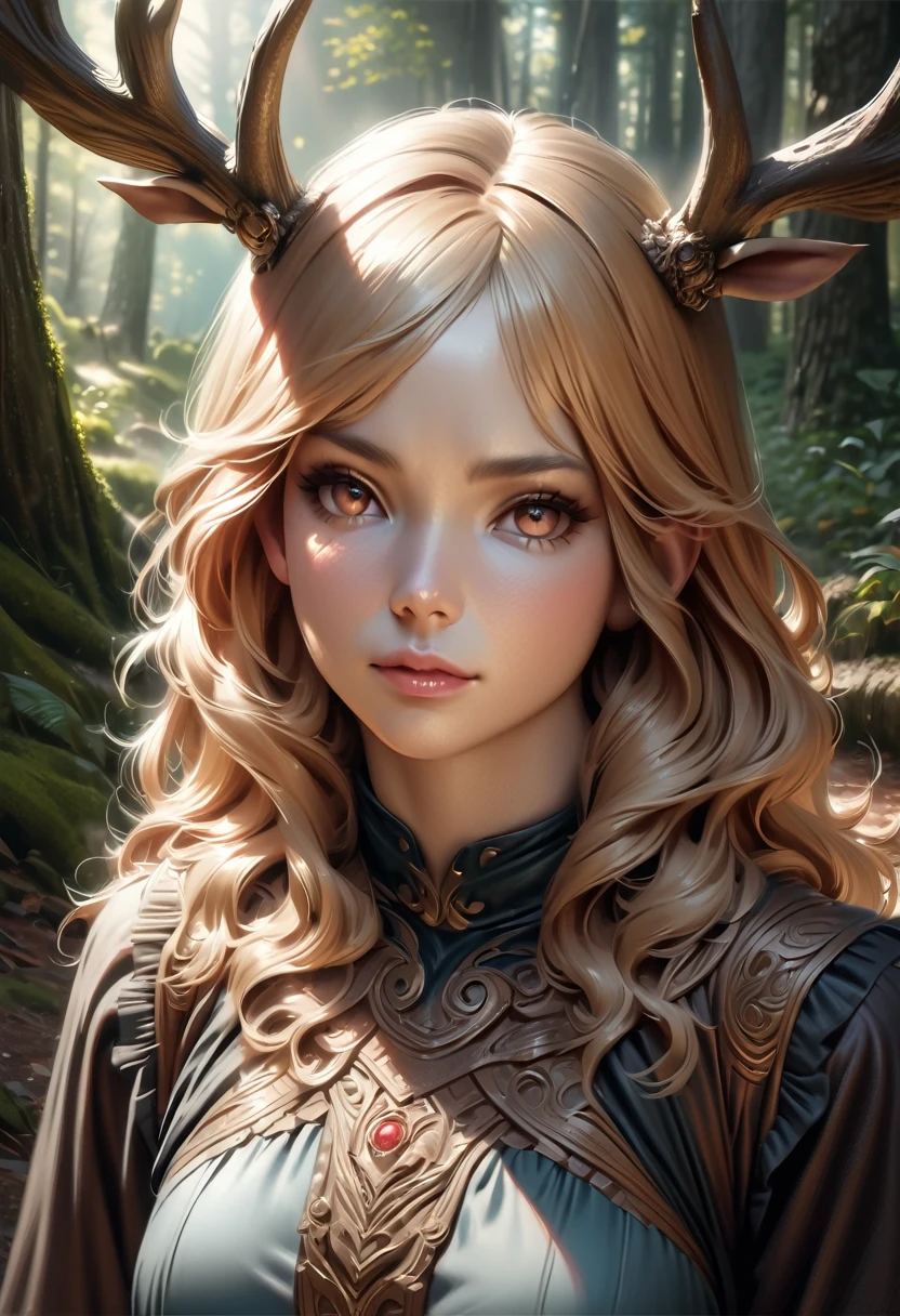 a girl with intricate details, blonde, wavy hair, looking at the viewer, elf, tree trunk, forest, ruffles, mist, deer antlers, (best quality,4k,8k,highres,masterpiece:1.2),ultra-detailed,(realistic,photorealistic,photo-realistic:1.37),portrait,fantasy,vivid colors,dramatic lighting