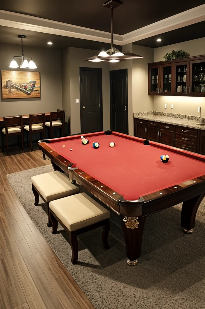Make me a plan of a billiard company with 8 tables, a dining room, Chairs, out, Environment, and make it big