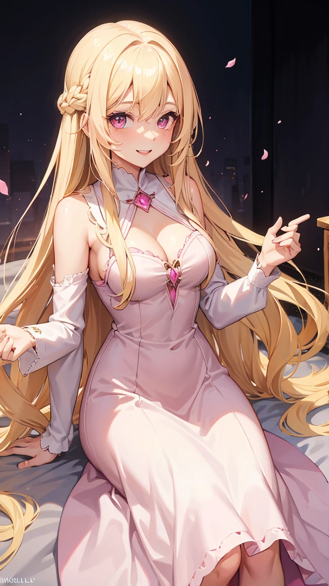 (((Adult woman))), long blonde hair, (Pink eyes), smile, magic dress