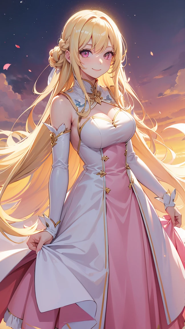 (((Adult woman))), long blonde hair, (Pink eyes), smile, magical dress
