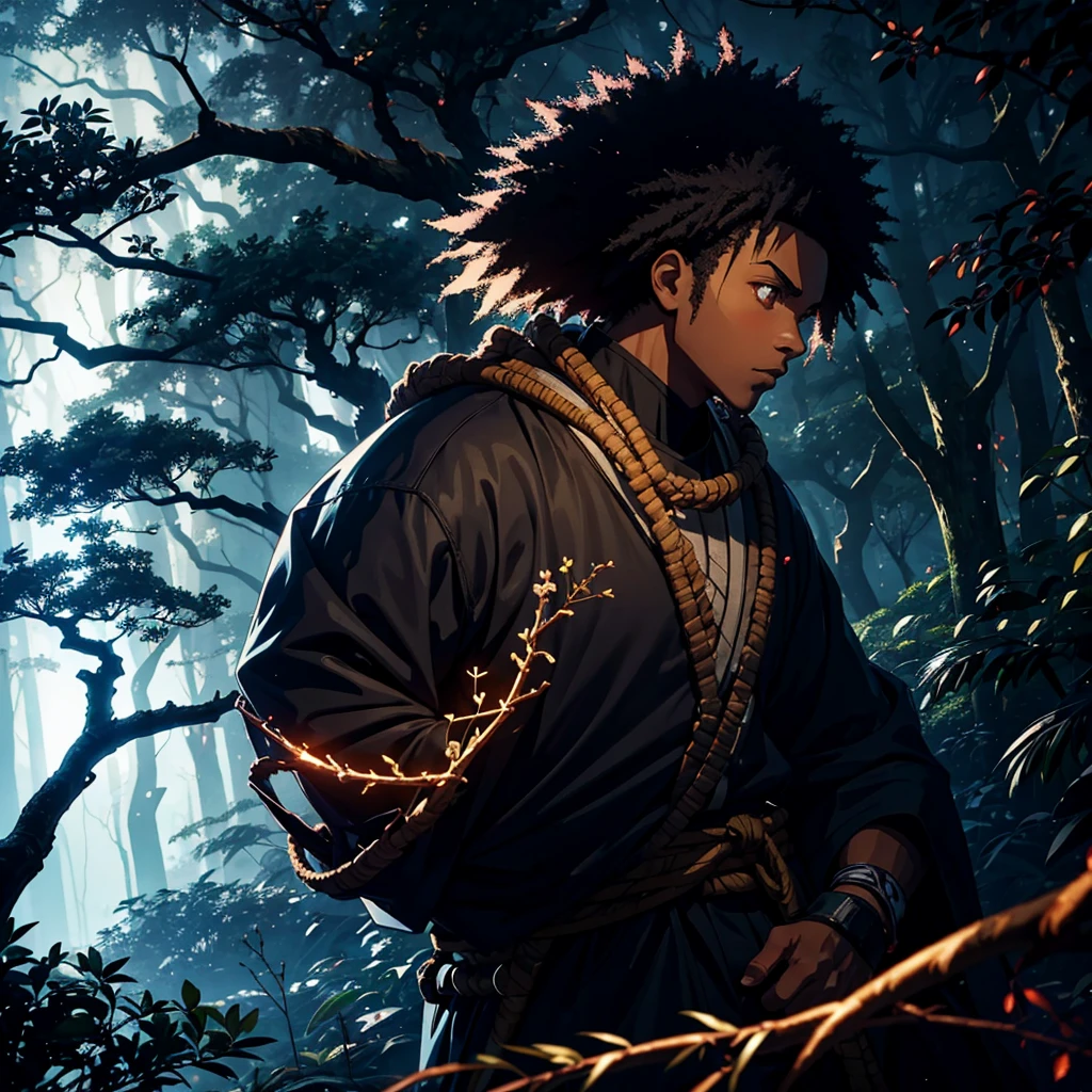 an afro-american shinobi waiting on an branch of tree in a drak forest at night
