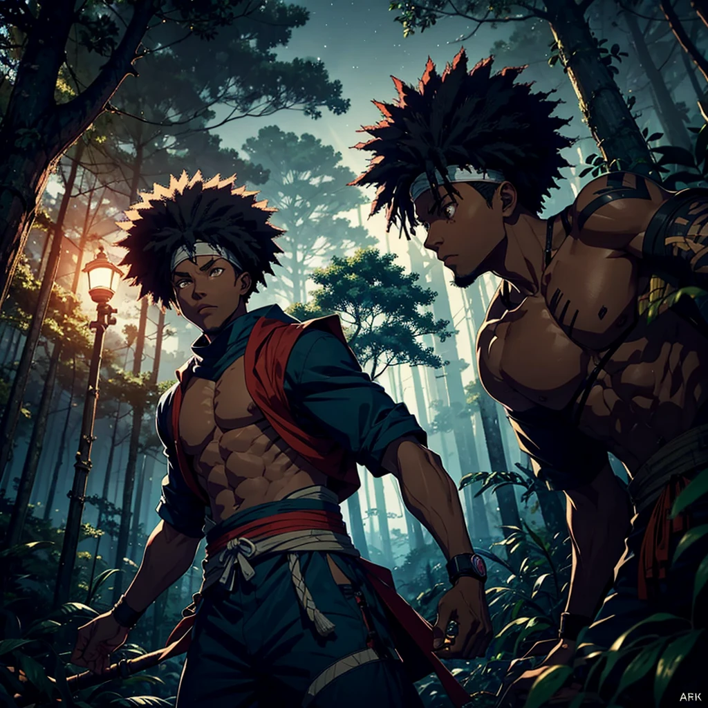 an afro-american shinobi waiting on an branch of tree in a drak forest at night