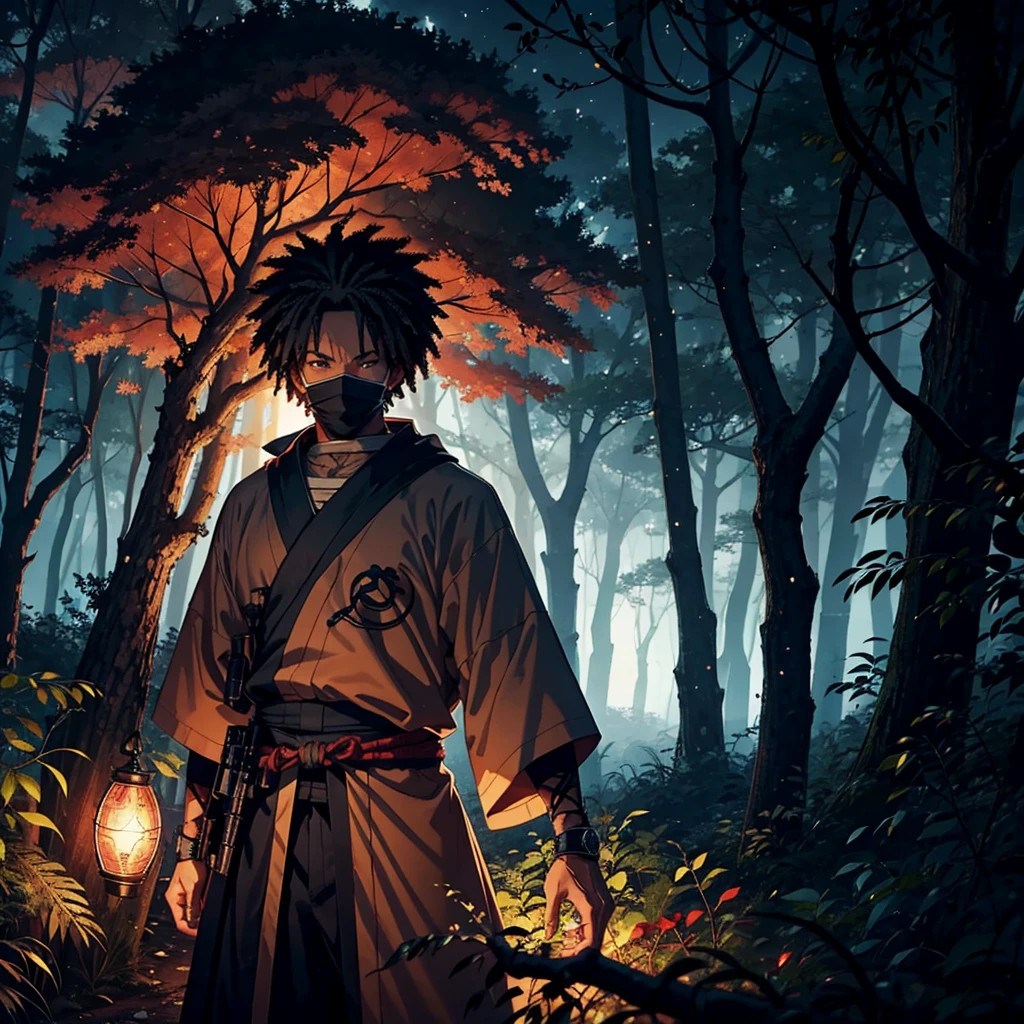 an afro-american shinobi waiting on an branch of tree in a drak forest at night