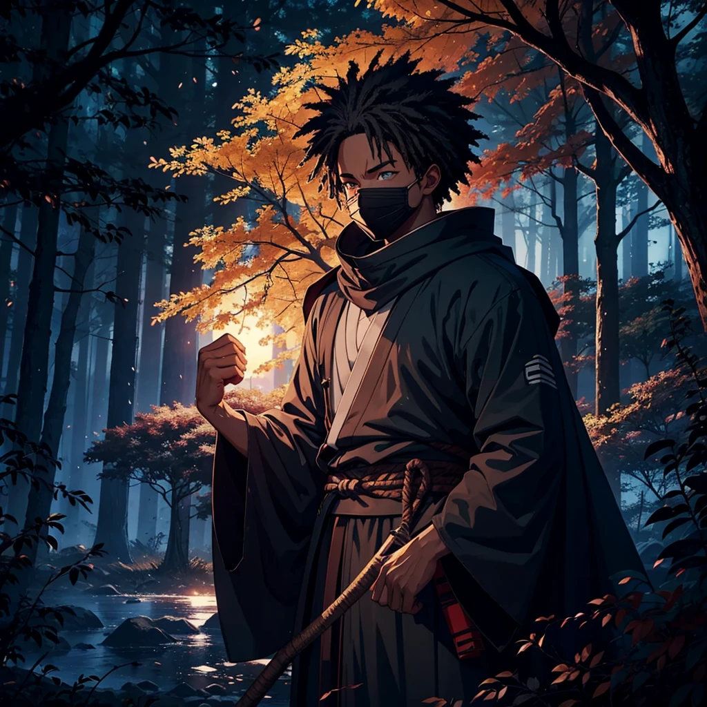 an afro-american shinobi waiting on an branch of tree in a drak forest at night