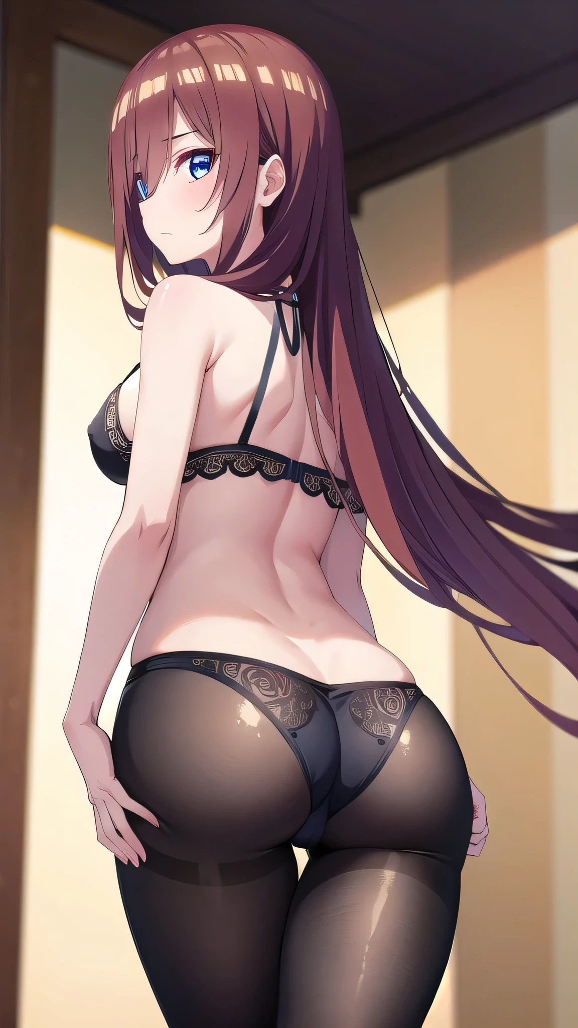 BREAK looking at viewer, BREAK (masterpiece:1.2), best quality, high resolution, unity 8k wallpaper, (illustration:0.8), (beautiful detailed eyes:1.6), extremely detailed face, perfect lighting, extremely detailed CG, (perfect hands, perfect anatomy),Miku Nakano, Miku Nakano Chick III, Long Hair, Bangs, Blue Eyes, Brown hair, Hair between the eyes,medium Breasts,skinny fit,long legs,thin legs,room,soft light,night,sexy lingerie,lace,pantyhose,nipples,from behind,showing ass,standing on knees,