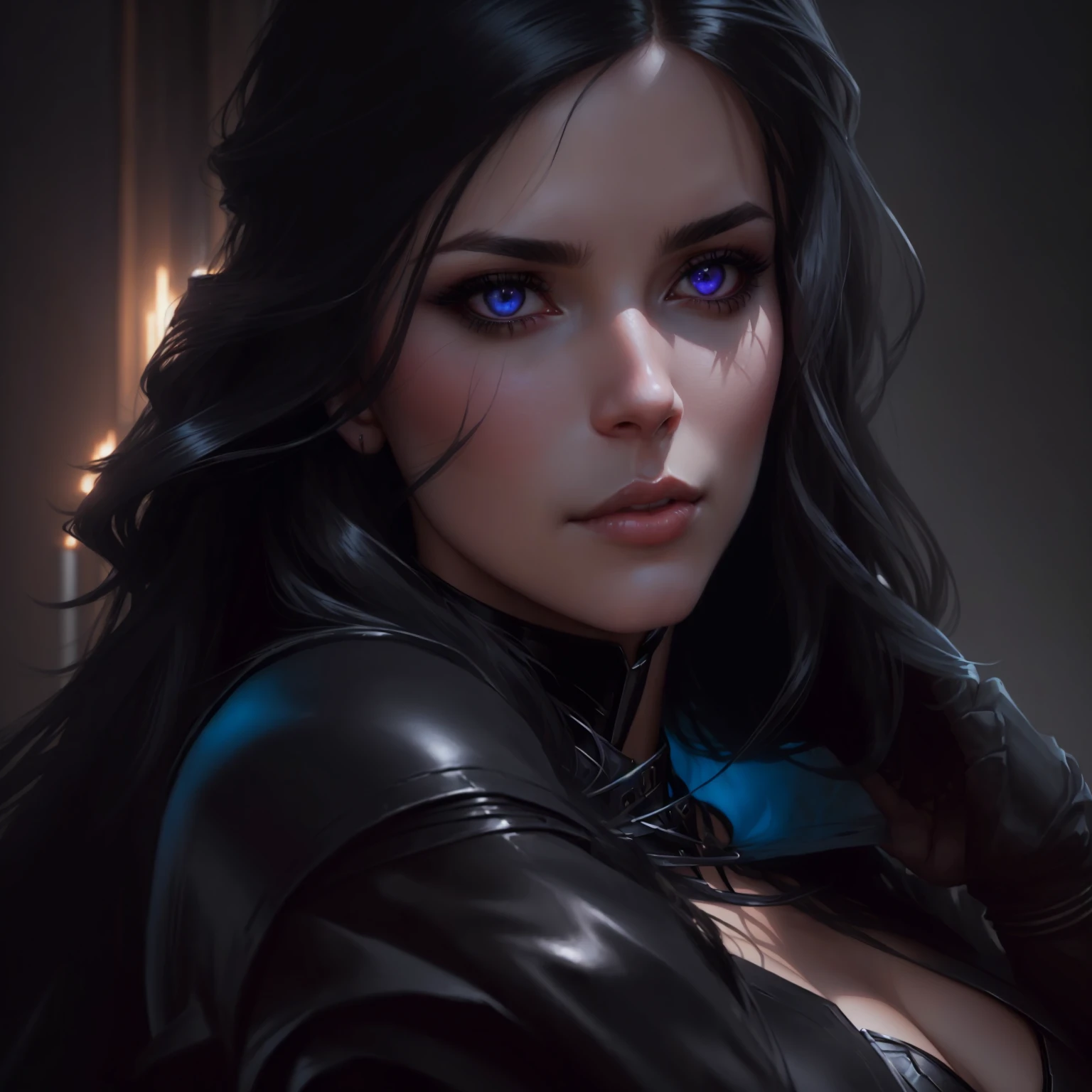 there is a woman in a black leather outfit posing for a picture, yennefer, yennefer of vengerberg, violet eyes, extremely detailed artgerm, artgerm portrait, artgerm julie bell beeple, artgerm detailed, aly fell and artgerm, artist artgerm i and wlop, artgerm. high detail