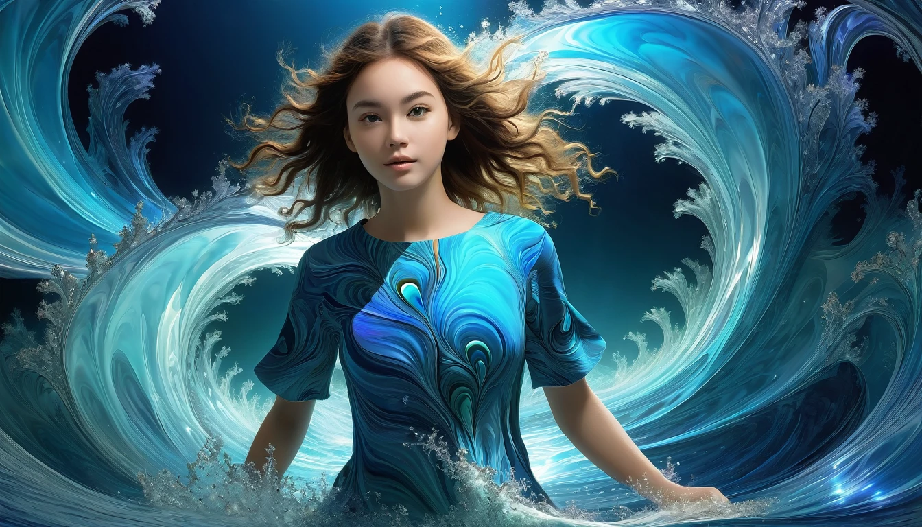 8k, 1 girl, high color, gorgeous, (fractal art 1.8), haddock, youth, blue fur, deep in the sea, gorgeous, dynamic, visual impact, hands in pockets, (waves in lens 1.5)