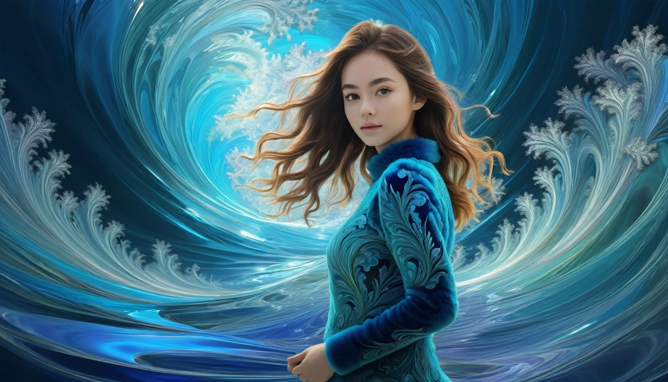 8k, 1 girl, high color, gorgeous, (fractal art 1.8), haddock, youth, blue fur, deep in the sea, gorgeous, dynamic, visual impact, hands in pockets, (waves in lens 1.5)