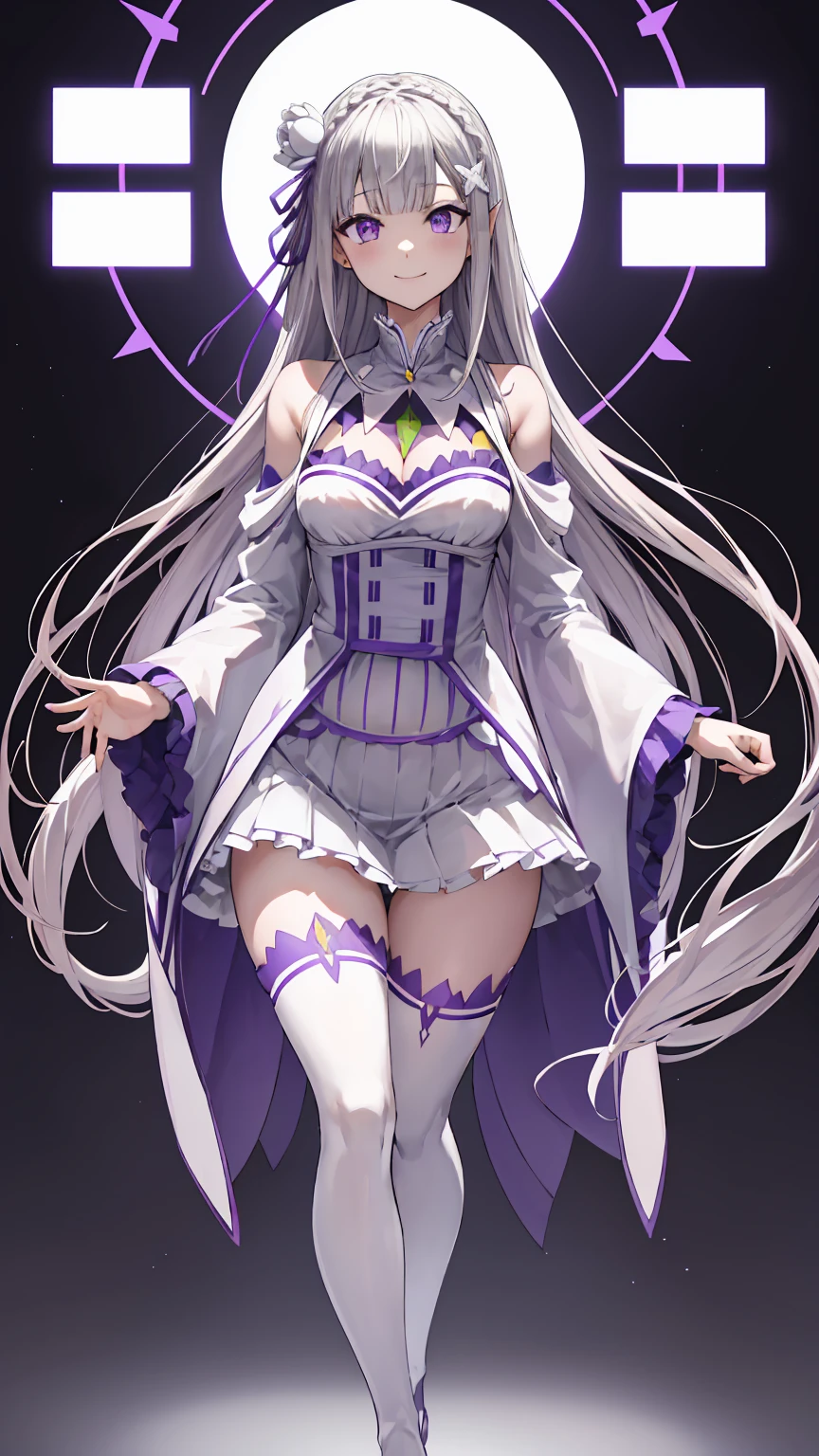 レゼロ Emilia, Emilia, Braiding, Crown Braiding, flower, 髪のflower, hair ornaments, ヘアribbon, Long Hair, Pointed Ears, (Purple eyes:1.2), Gray Hair, x hair ornaments,
Break Detach Color, Removable sleeves, Frills袖, Frills, Long sleeve, ミニskirt, プリーツskirt, ribbon, skirt, Thighs Thighs Thighs Thighs, 白いskirt, White sleeves, White knee-highs, Wide sleeves, zettai ryouiki,

 break (Tabletop:1.2), Highest quality, High resolution, unity 8k wallpaper, (figure:0.8), (Beautiful attention to detail:1.6), Highly detailed face, Perfect lighting, Highly detailed CG, (Perfect hands, Perfect Anatomy),standing、Evil Depravity, One Girl, alone, Genital tattoo,Remake、lipstick、Eyeliner / Mascara Eyeshadow Evil Depravity、bad woman、Uncool、Hollow Eyes、psychopath、Pink eyes、Grin、smile, lightsmile,knife、Low angle、Long legs、long leg tip、Transparent eyes、, ((Positive pregnancy test))whole body画像、High heels、High heels、smile, 紫色のlipstick、saliva, Micro Mini skirt、Are standing、(half:1.3), Wide Hips, Thick thighs, (Thigh Gap:1.2), Big Ass, (shaving、1 Girl, whole body,look up:1.4）