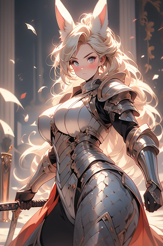 heroine, plump, voluptuous, bunny ears, blonde hair, fierce eyes, plate armor, sword, fierce pose, striking pose, combat, blush