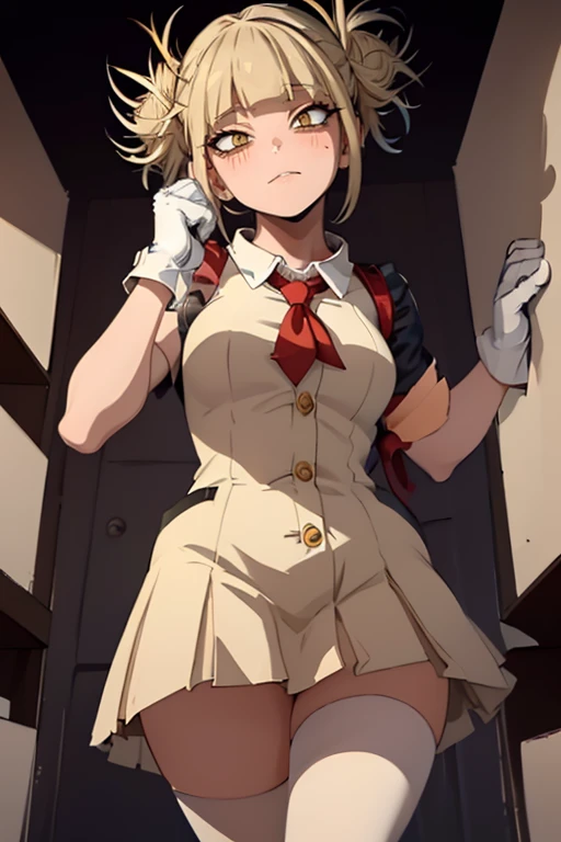 Himiko Toga, ,,(Alone),Himiko toga,(boku no hero academia),(short blonde hair with two messy pulps in her hair and yellow eyes with cat pupils),(Wearing),+,Wearing),+,(\A female character dressed in a short red dress with a super short and sensual skirt, fitted to the body, with white details on the cuffs and collar. She wears white gloves and a traditional red and white Christmas hat, completing the look with red boots.")/,+,(\Facing the front of the fourth wall looking at the fourth wall:1.5)/