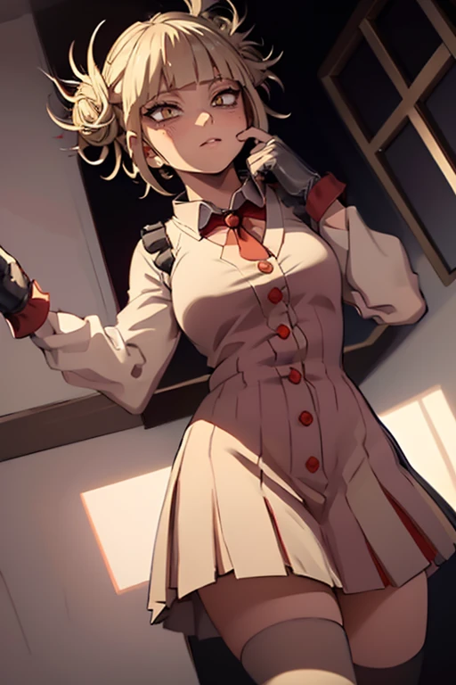 Himiko Toga, ,,(Alone),Himiko toga,(boku no hero academia),(short blonde hair with two messy pulps in her hair and yellow eyes with cat pupils),(Wearing),+,Wearing),+,(\A female character dressed in a short red dress with a super short and sensual skirt, fitted to the body, with white details on the cuffs and collar. She wears white gloves and a traditional red and white Christmas hat, completing the look with red boots.")/,+,(\Facing the front of the fourth wall looking at the fourth wall:1.5)/