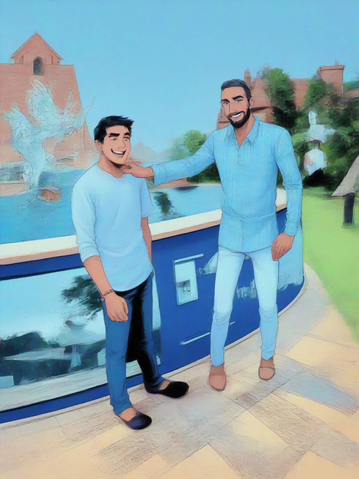 Imagine a picture where young Lord Rama, looking majestic with his bow, is holding hands with a teenage boy named Rohit. boy wearing a saffron-colored T-shirt with her name "Jeetram" boldly written in white letters, is smiling at Lord Rama, the background is of interior of a beautiful temple with "HAPPY RAM NAVAMI" is written in big letters, adding to the festive atmosphere, text should be correct and visible.