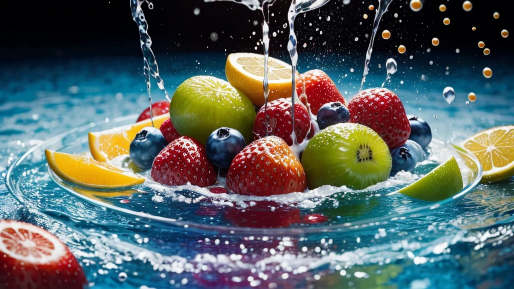 Salat with multi-colored fruits, water splashes, flashing particles, depth of field, clean background