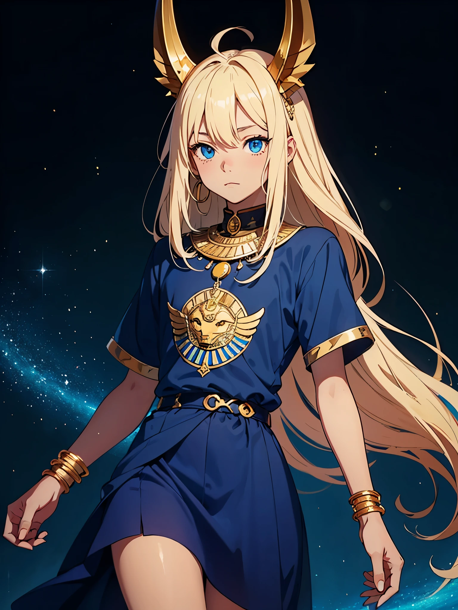 More anime style. cutie pie. アニメ! Teenage boy. Egyptian deity Anubis. Egyptian blue clothing. Blue clothes. long blond hair. Lots of gold jewelry. dark skin. Egyptian. dazzling blue eyes. mystical. divine.