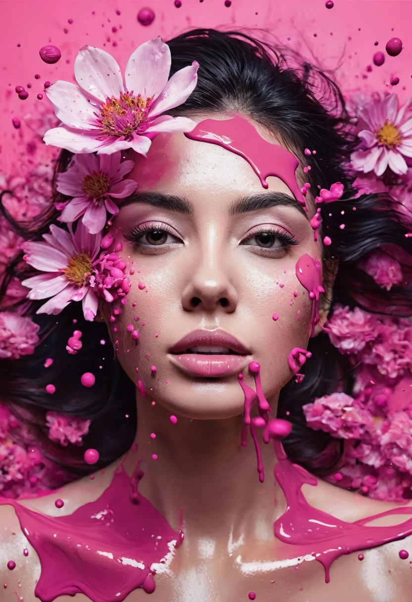 Photorealistic image of a woman mid shot, abstract background, black and pink gradient,  e of flowers, paint spilling , ultra clear