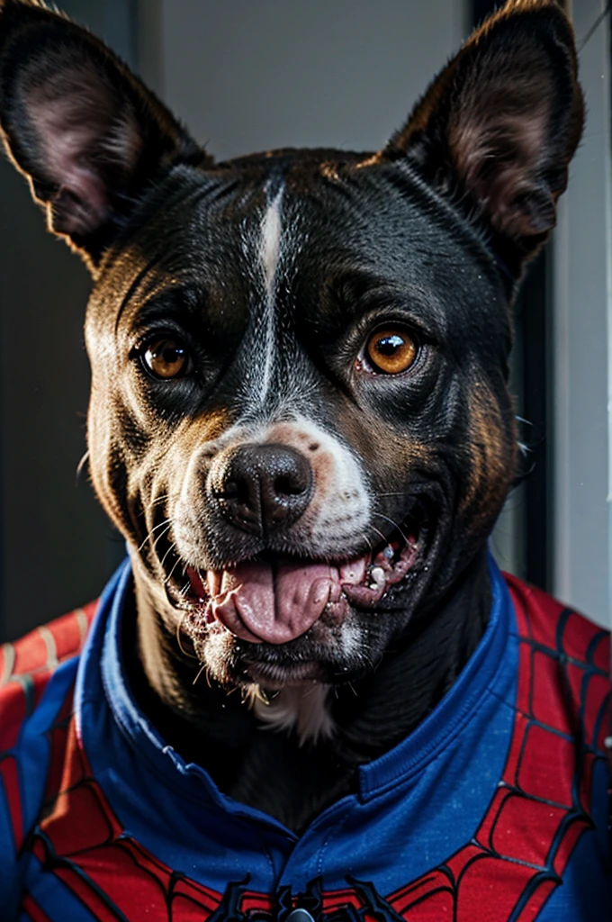 a pitbull dog, with spider man uniform