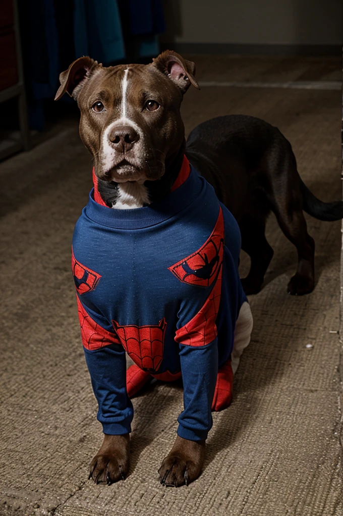a pitbull dog, with spider man uniform