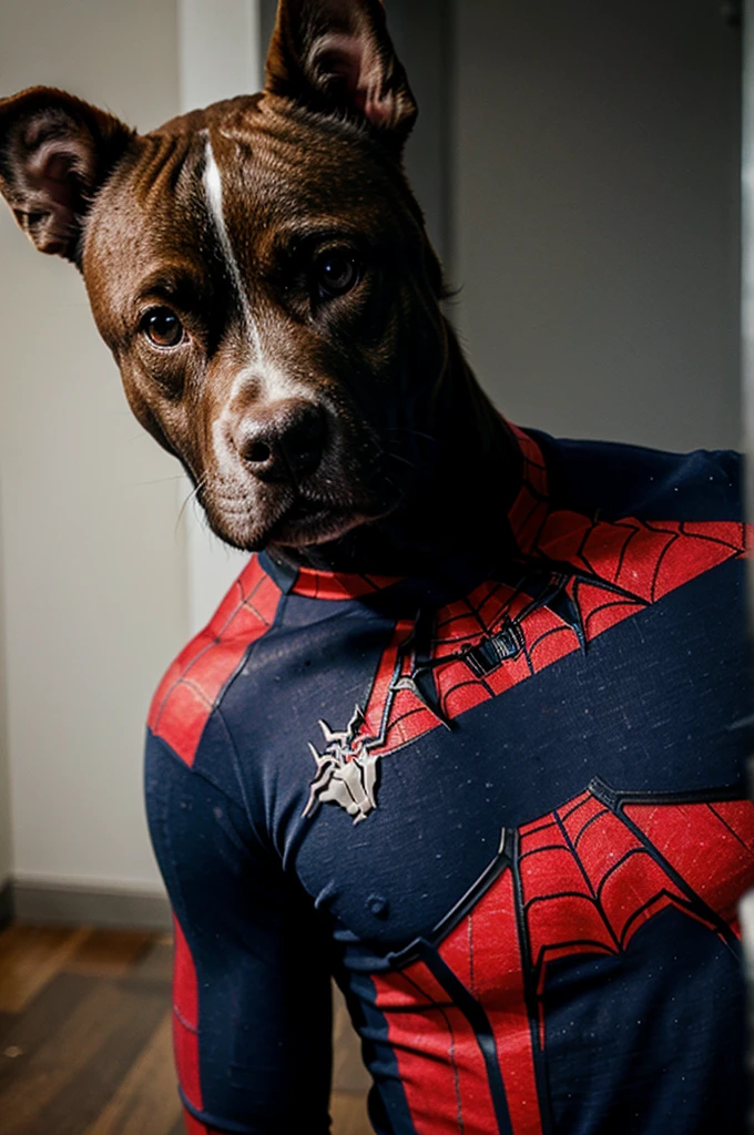 a pitbull dog, with spider man uniform