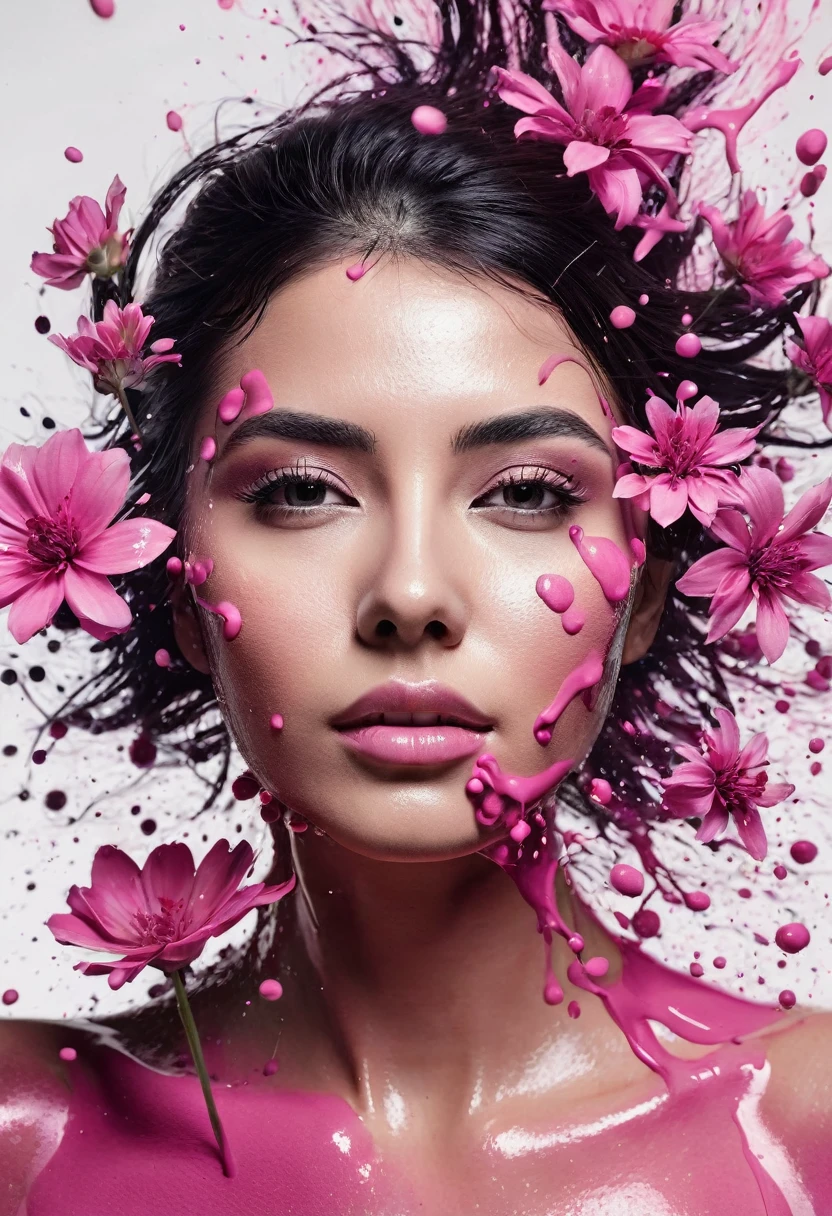 Photorealistic image of a woman mid shot, abstract background, black and pink gradient,  made of flowers, paint spilling , ultra clear