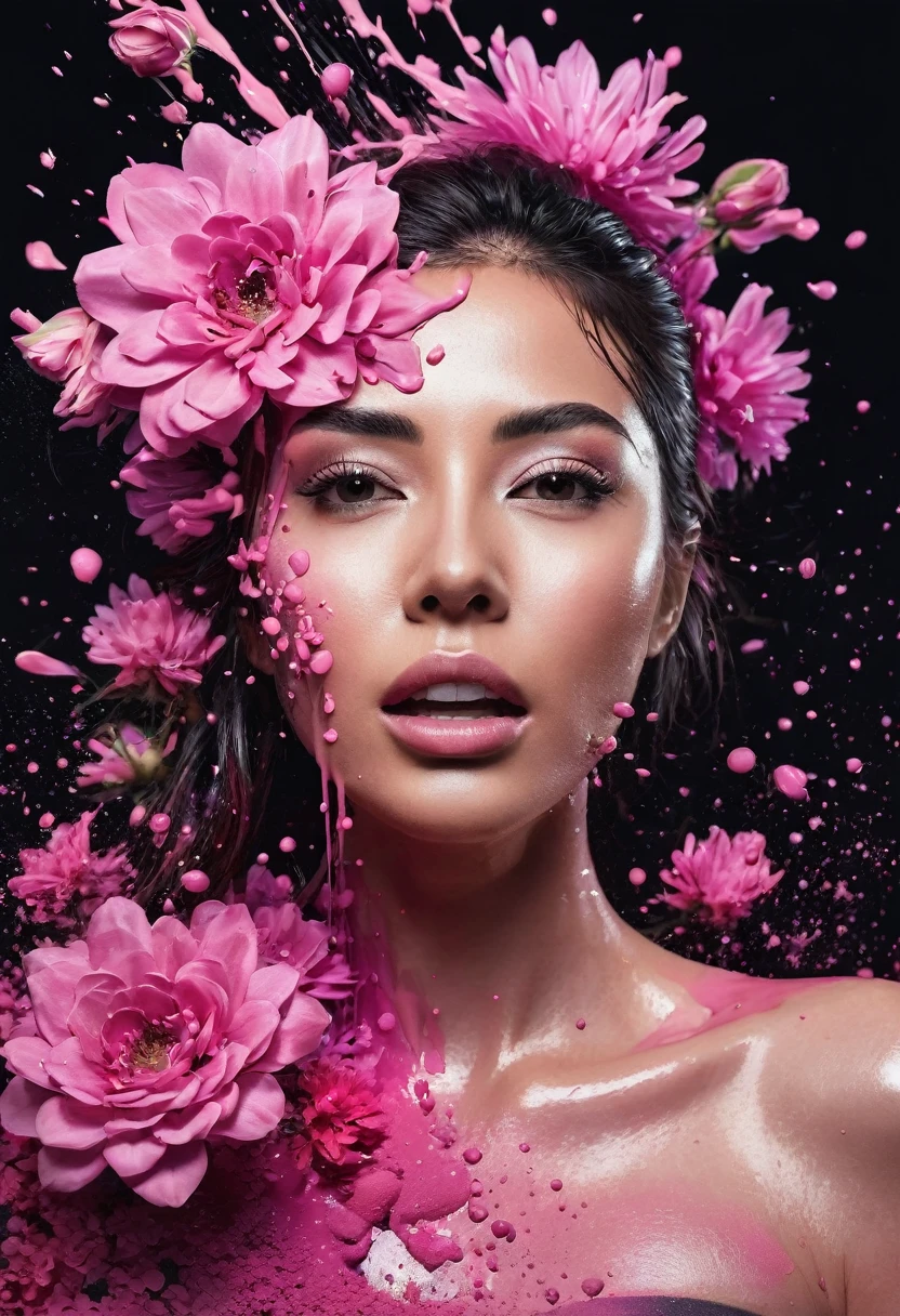 Photorealistic image of a woman mid shot, abstract background, black and pink gradient, made of flowers, paint spilling , ultra clear