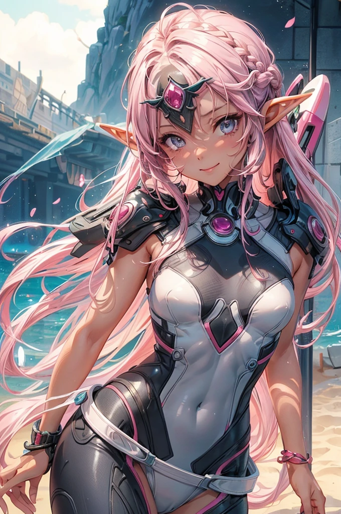 (pov Swimwear style) (beautiful body), (brown skin, solo:2, 1000 yo, Braid pink hair long hair cool elf woman, cool gray eyes, ecstasy smile, love mode, small tits), (in a sexy:1.5 detailed bandeau swimsuit, Ruby double exposure:1.1), break, in the Swimsuit contest venue, background detailed beautiful Coast, BREAK, perfect anatomy, masterpiece, best quality, 16k, beautiful detailed love, sexy, daydreaming expression.