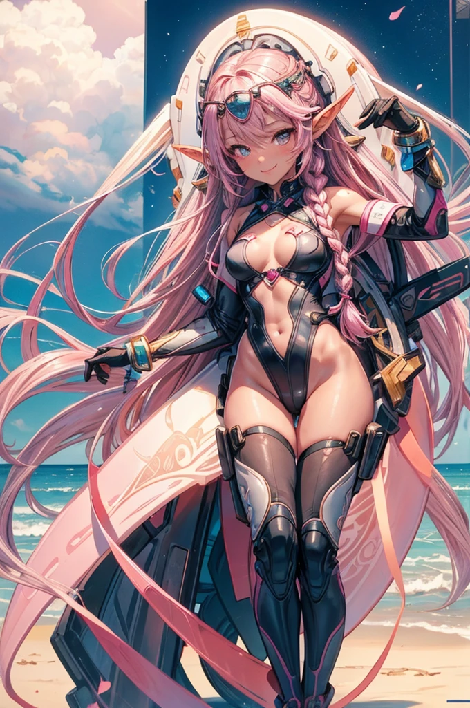 (pov Swimwear style) (beautiful body), (brown skin, solo:2, 1000 yo, Braid pink hair long hair cool elf woman, cool gray eyes, ecstasy smile, love mode, small tits), (in a sexy:1.5 detailed bandeau swimsuit, Ruby double exposure:1.1), break, in the Swimsuit contest venue, background detailed beautiful Coast, BREAK, perfect anatomy, masterpiece, best quality, 16k, beautiful detailed love, sexy, daydreaming expression.