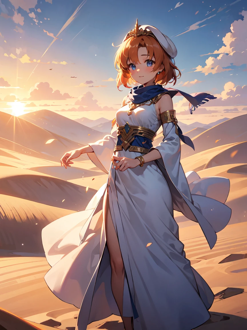 (masterpiece, Highest quality:1.1), (Desert Princess), Rena Ryuuguu, Orange Hair, short hair, blue eyes, 1 Girl, alone, Gold embroidery, Kaftans,Turbaned, scarf, jewelry, Circlet, 額のjewelry, Elegant robes, satin, Veil, gem, tiara, Arabian style, Desert Landscape, carpet, Hair blowing in the wind, The Shining, sunset, oasis, silk, Sparkling eyes, Sand Dunes