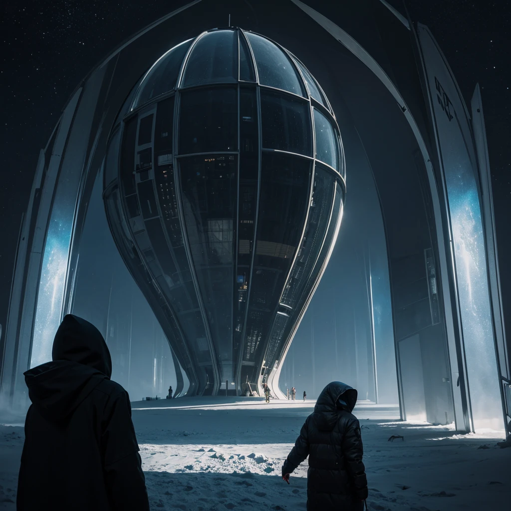 (The best quality)Hooded person looking at the futuristic architecture of an advanced civilization on another planet with dark color palette