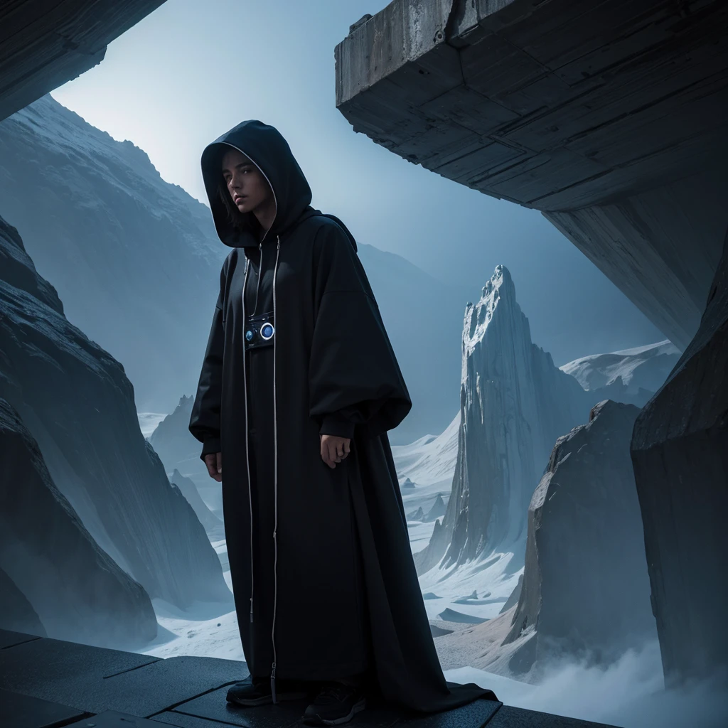 (The best quality)Hooded person looking at the futuristic architecture of an advanced civilization on another planet with dark color palette
