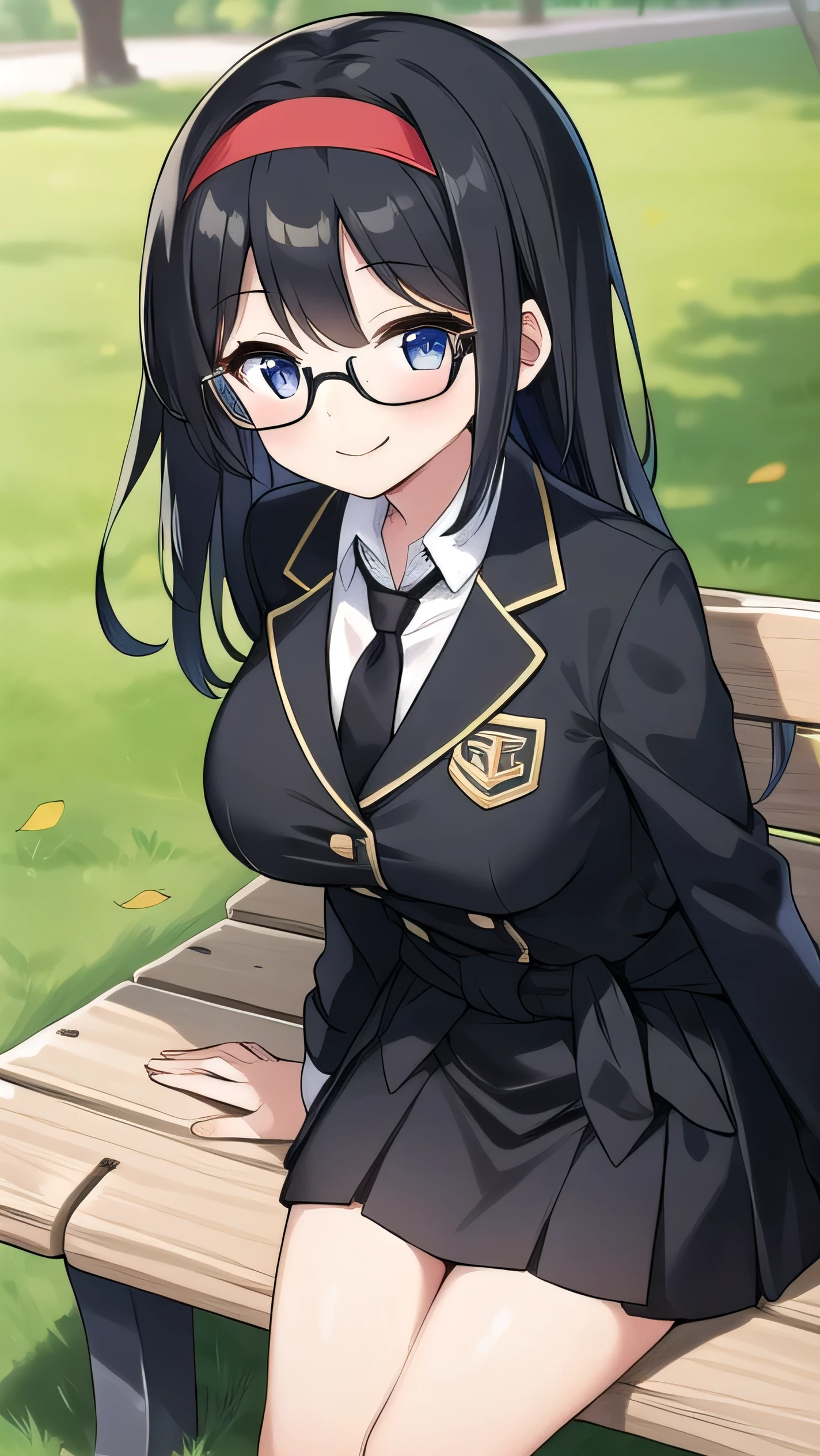 Wearing glasses, elementary school student, black hair, dark eyes, round body, wearing a uniform, tall, sitting in the park, on a bench, kind, very big breasts, long hair that reaches to the waist, black hair. A little brownish, wearing a headband, black jacket, black skirt, white shirt, red tie, the wind is blowing, smiling gently