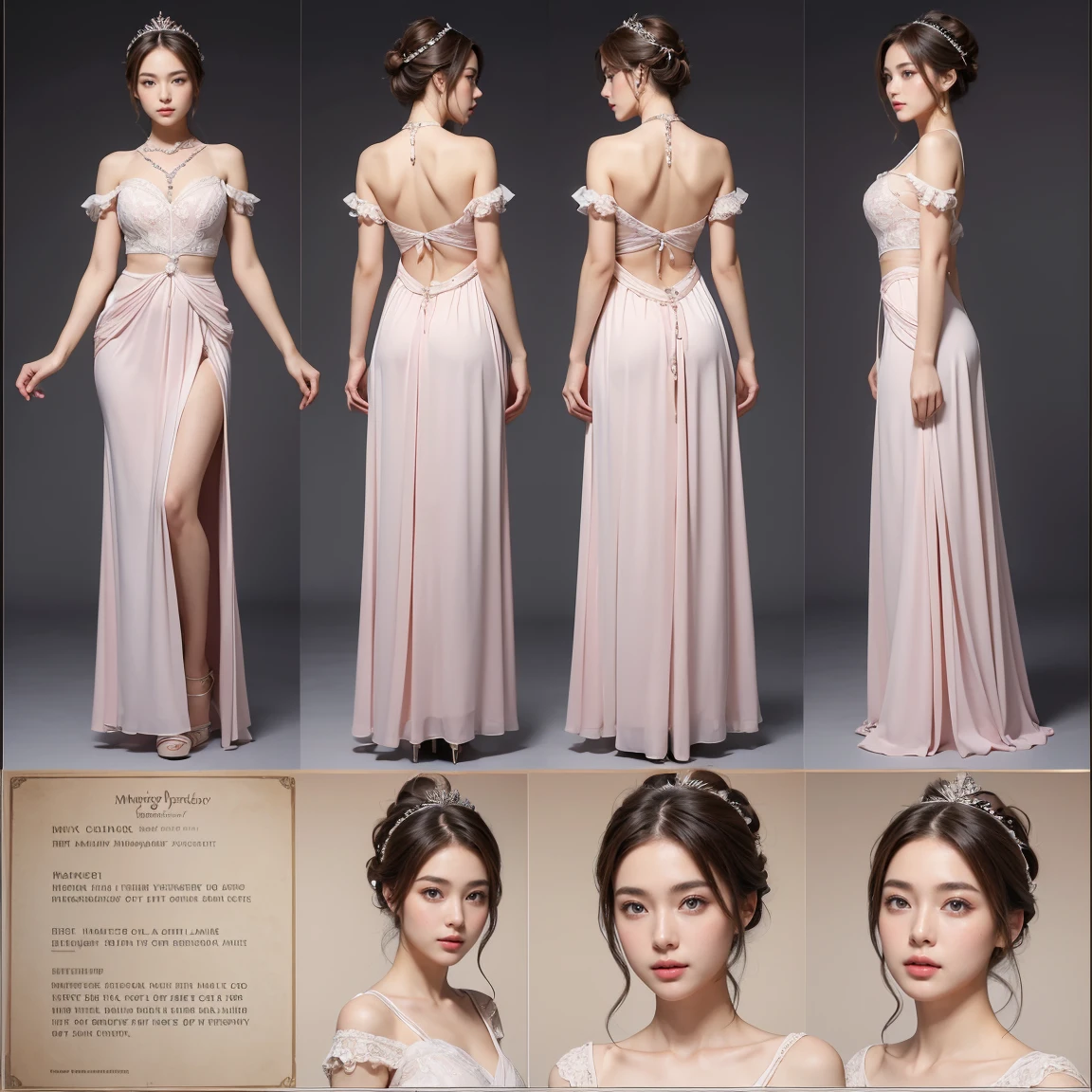 NSFW, (masterpiece, highest quality:1.5), ultra detailed, high resolution, 16k, the most beautiful face in the world, highly detailed beautiful face and eyes, shiny skin, fine cloth texture, perfect anatomy, BREAK, (the incarnation of beauty:1.3), (goddess of beauty:1.3), (gorgeous and stunning princess:1.3), perfect make-up, deeply in love, full of elegance. (full body:1.5), (three view drawing, front and back and side, character sheet:1.3)