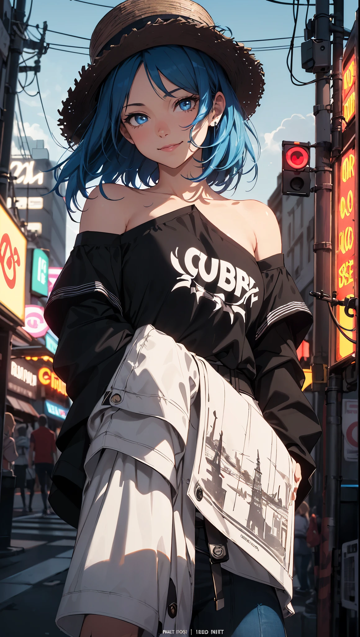 Cuber punk style,(movie poster:1.2), Soft lighting, (Dramatic angle:1.25), (One:1.4), (1 girl), ((sapphire hair), bob Hair), Blue eyes, (smile), street straw hat, (off shoulder shirt), (Looking away:1.3), fantastically noir style, light, night sky with clouds, (neon street:1.3), (Masterpiece:1.2), ultra detailed, (Best quality), Illustration, (depth of field), one women