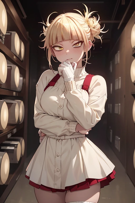 Himiko Toga, ,,(Alone),Himiko toga,(boku no hero academia),(short blonde hair with two messy pulps in her hair and yellow eyes with cat pupils),(Wearing),+,Wearing),+,(\A female character dressed in a short red dress with a super short and sensual skirt, fitted to the body, with white details on the cuffs and collar. She wears white gloves and a traditional red and white Christmas hat, completing the look with red boots.")/,+,(\Facing the front of the fourth wall looking at the fourth wall:1.5)/ 