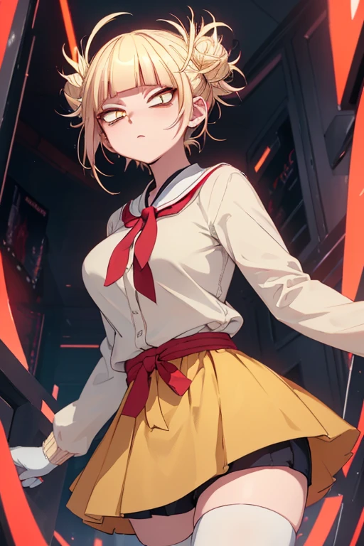 Himiko Toga, ,,(Alone),Himiko toga,(boku no hero academia),(short blonde hair with two messy pulps in her hair and yellow eyes with cat pupils),(Wearing),+,Wearing),+,(\A female character dressed in a short red dress with a super short and sensual skirt, fitted to the body, with white details on the cuffs and collar. She wears white gloves and a traditional red and white Christmas hat, completing the look with red boots.")/,+,(\Facing the front of the fourth wall looking at the fourth wall:1.5)/ 